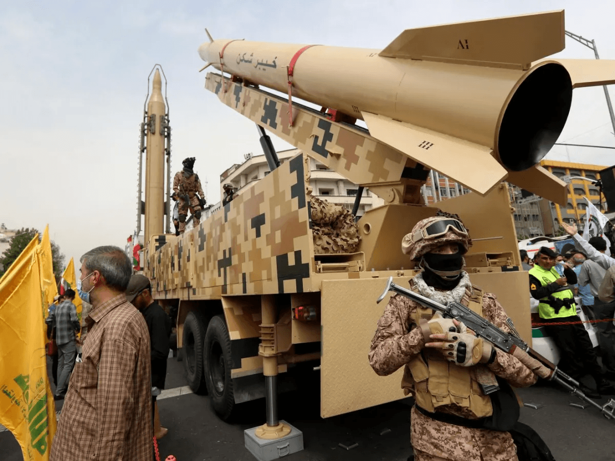 Iranian Kheibar Shekan ballistic missiles on display in Tehran. More than 90% of Iranian missile launches were intercepted or suppressed during the conflict.